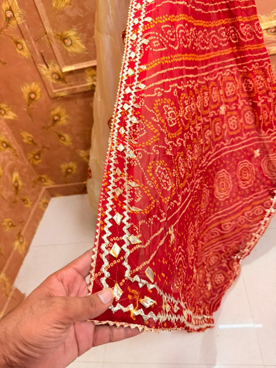 PCD New Upada Silk Bandhani Style With Gotapatti Work Lehenga