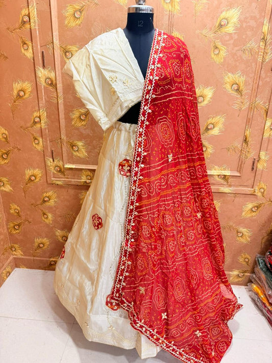 PCD New Upada Silk Bandhani Style With Gotapatti Work Lehenga