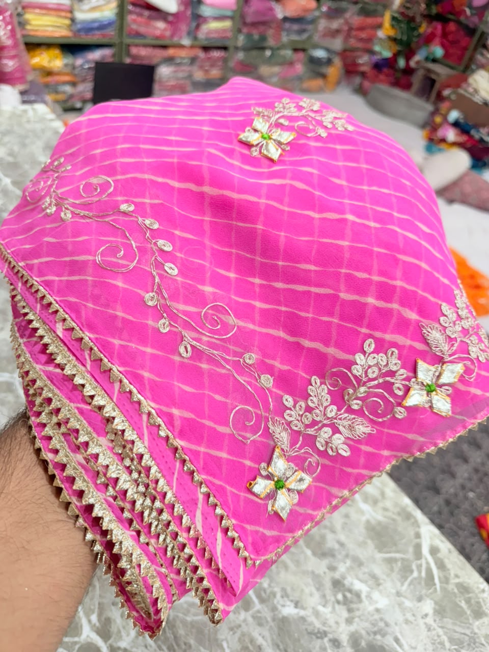 PCD New Georgette Leheriya Style With Pitan GotaPatti Work Saree