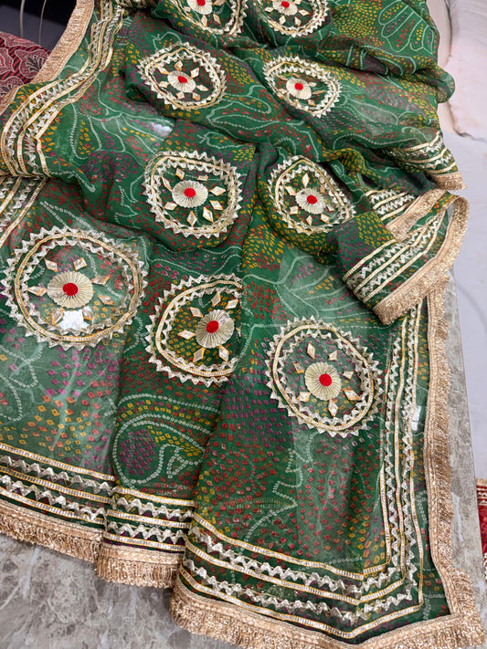 PCD SHEKHAWATI BANDHEJ SAREE WITH SEQUINS & CUTDANA WORK(WITH BLOUSE)