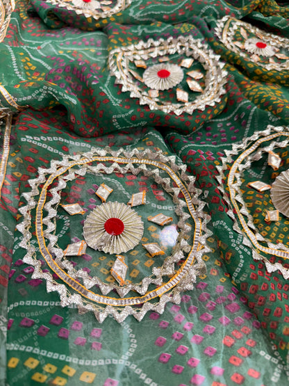 PCD SHEKHAWATI BANDHEJ SAREE WITH SEQUINS & CUTDANA WORK(WITH BLOUSE)