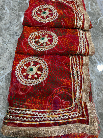 PCD SHEKHAWATI BANDHEJ SAREE WITH SEQUINS & CUTDANA WORK(WITH BLOUSE)