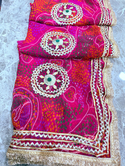 PCD SHEKHAWATI BANDHEJ SAREE WITH SEQUINS & CUTDANA WORK(WITH BLOUSE)