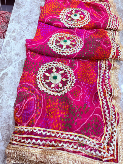 PCD SHEKHAWATI BANDHEJ SAREE WITH SEQUINS & CUTDANA WORK(WITH BLOUSE)