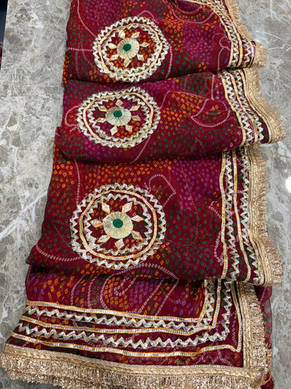 PCD SHEKHAWATI BANDHEJ SAREE WITH SEQUINS & CUTDANA WORK(WITH BLOUSE)