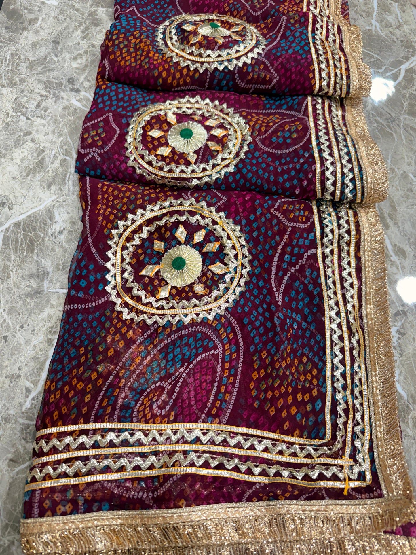 PCD SHEKHAWATI BANDHEJ SAREE WITH SEQUINS & CUTDANA WORK(WITH BLOUSE)