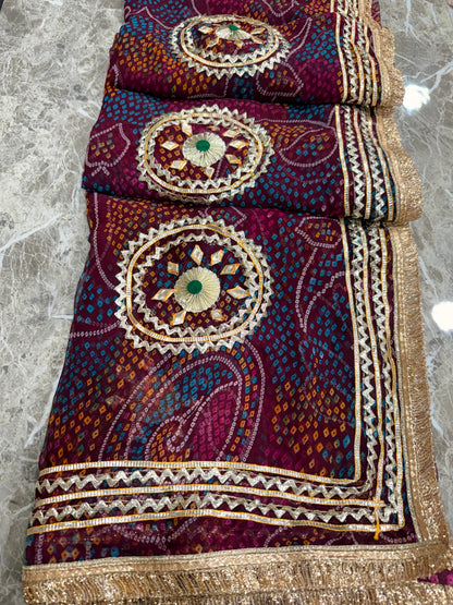 PCD SHEKHAWATI BANDHEJ SAREE WITH SEQUINS & CUTDANA WORK(WITH BLOUSE)