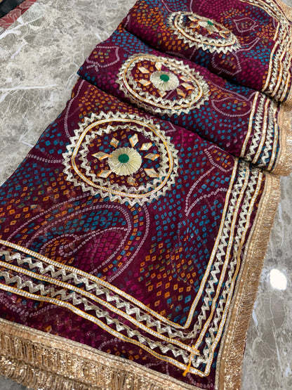 PCD SHEKHAWATI BANDHEJ SAREE WITH SEQUINS & CUTDANA WORK(WITH BLOUSE)
