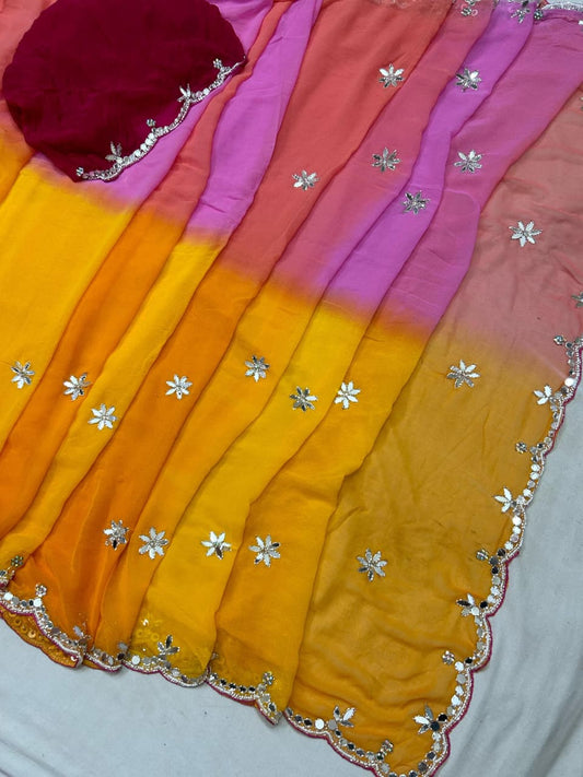 PCD Latest Chiffon Bollywood Style Mirror work Saree ND MULTI COLOURS