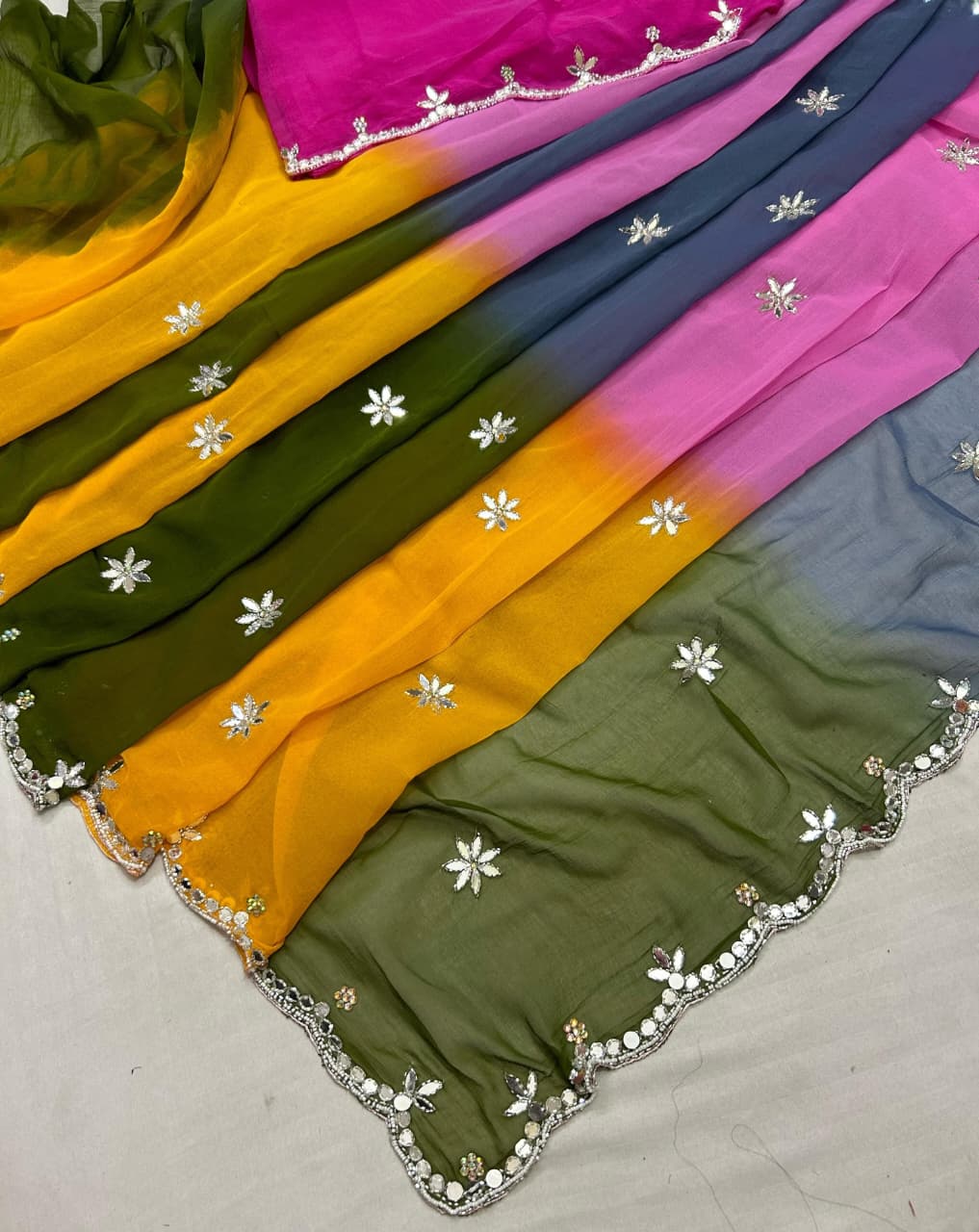 PCD Latest Chiffon Bollywood Style Mirror work Saree ND MULTI COLOURS
