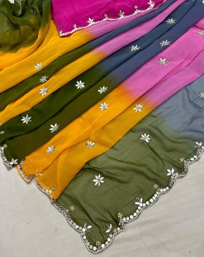 PCD Latest Chiffon Bollywood Style Mirror work Saree ND MULTI COLOURS