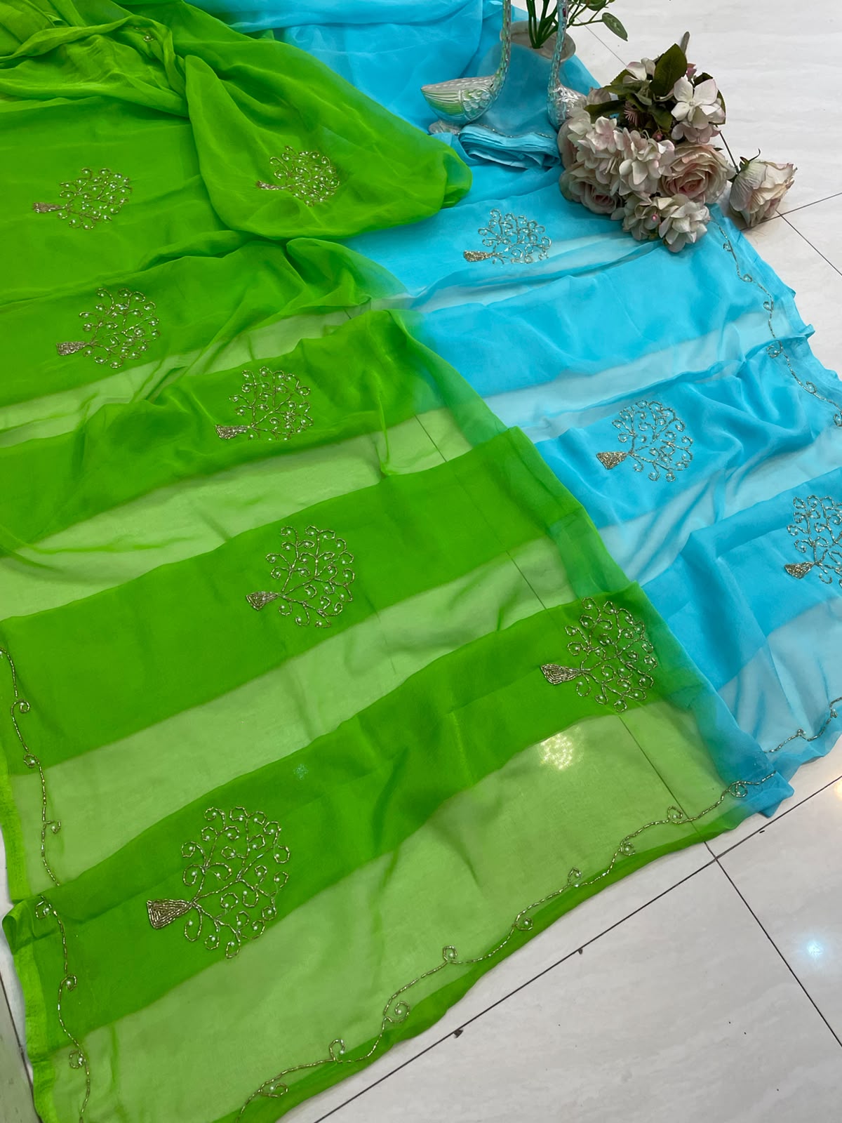 PCD Latest Chiffon Bollywood Style Hand  Work Saree ND DUBAL COLOUR