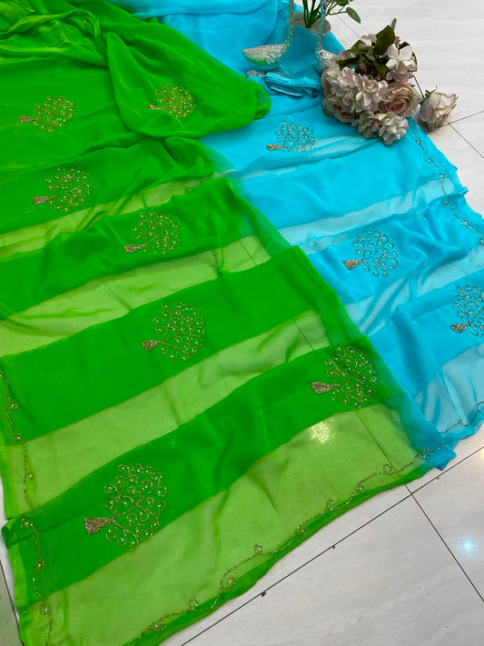 PCD Latest Chiffon Bollywood Style Hand  Work Saree ND DUBAL COLOUR