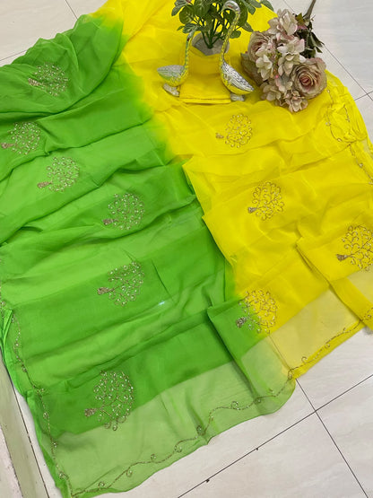 PCD Latest Chiffon Bollywood Style Hand  Work Saree ND DUBAL COLOUR