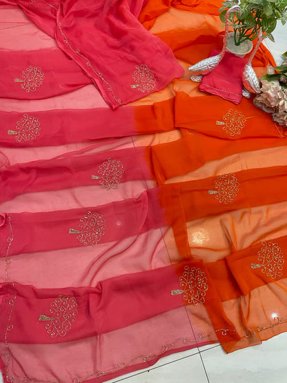 PCD Latest Chiffon Bollywood Style Hand  Work Saree ND DUBAL COLOUR
