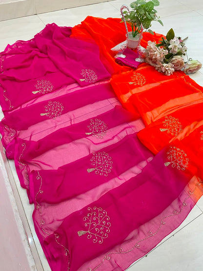 PCD Latest Chiffon Bollywood Style Hand  Work Saree ND DUBAL COLOUR