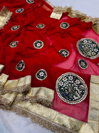 New Classic Georgette Saree Featuring Handcrafted Kacha Gota Patti Work