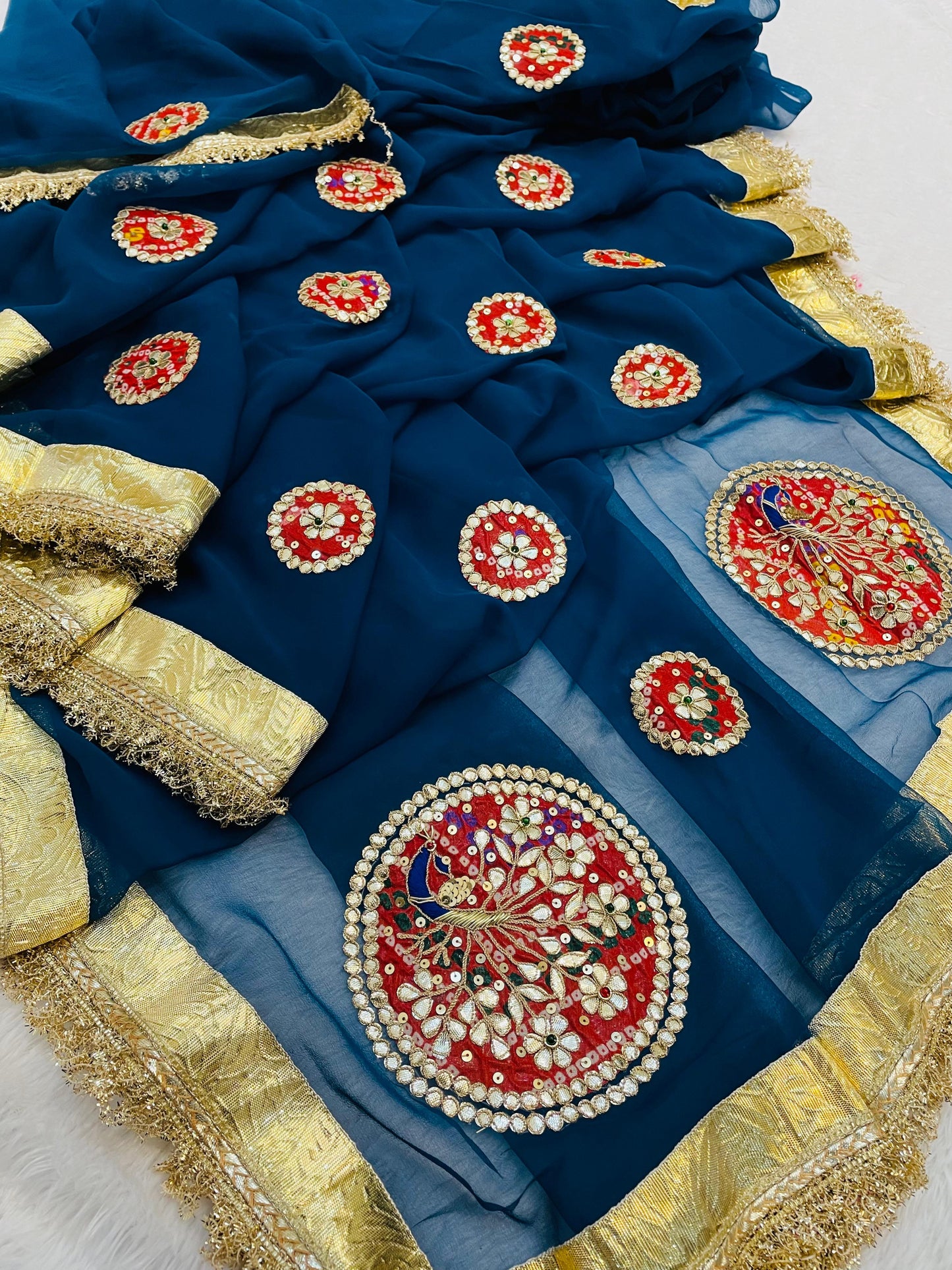 New Classic Georgette Saree Featuring Handcrafted Kacha Gota Patti Work