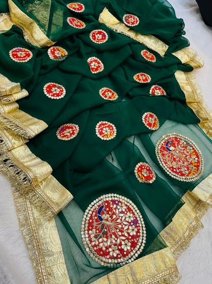 New Classic Georgette Saree Featuring Handcrafted Kacha Gota Patti Work