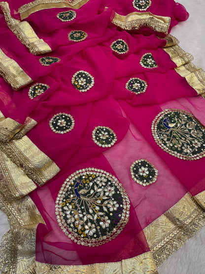 New Classic Georgette Saree Featuring Handcrafted Kacha Gota Patti Work