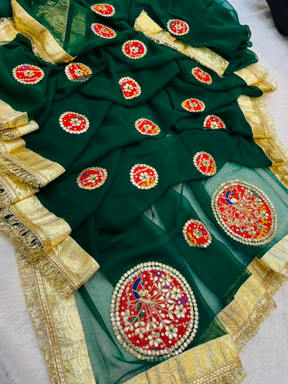 New Classic Georgette Saree Featuring Handcrafted Kacha Gota Patti Work