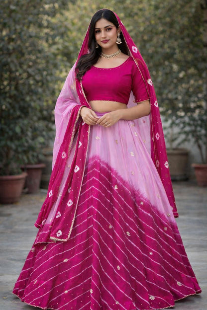 PCD New Launch Chinon Bandhej Design With Cutdana Gotapatti Work Lehenga THAKUR JI