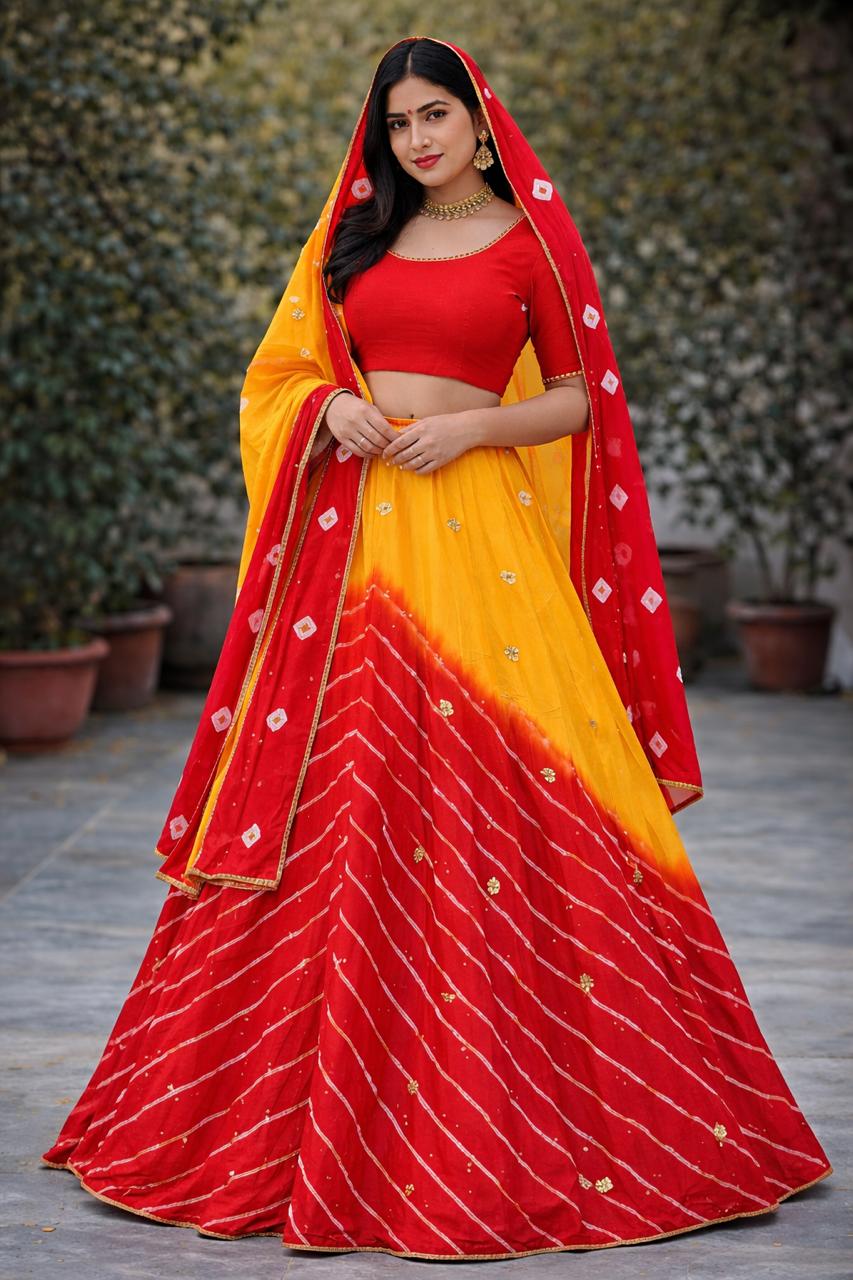 PCD New Launch Chinon Bandhej Design With Cutdana Gotapatti Work Lehenga THAKUR JI