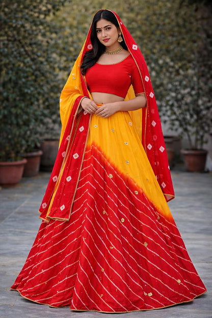 PCD New Launch Chinon Bandhej Design With Cutdana Gotapatti Work Lehenga THAKUR JI