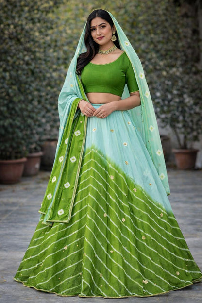 PCD New Launch Chinon Bandhej Design With Cutdana Gotapatti Work Lehenga THAKUR JI