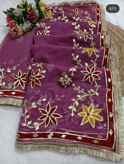 Pcd New Classic Georgette Saree Featuring Handcrafted Kacha Gota Patti Jal Work