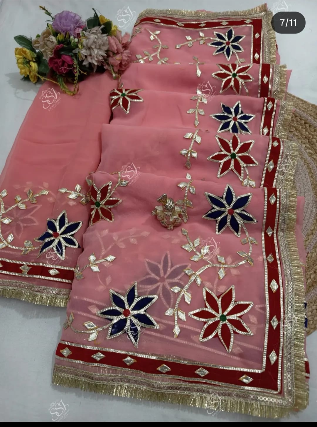 Pcd New Classic Georgette Saree Featuring Handcrafted Kacha Gota Patti Jal Work