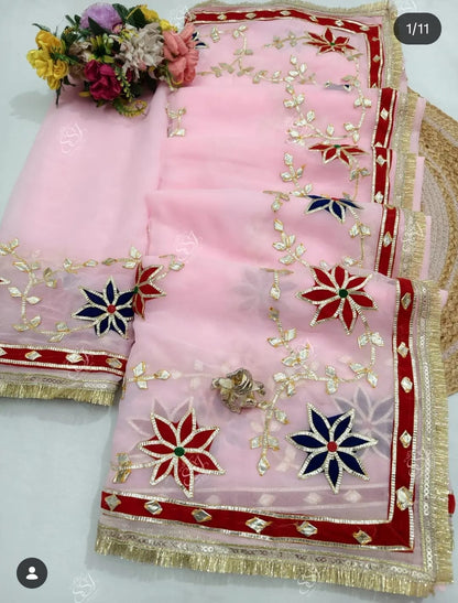 Pcd New Classic Georgette Saree Featuring Handcrafted Kacha Gota Patti Jal Work