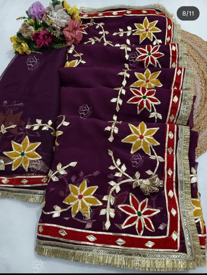 Pcd New Classic Georgette Saree Featuring Handcrafted Kacha Gota Patti Jal Work