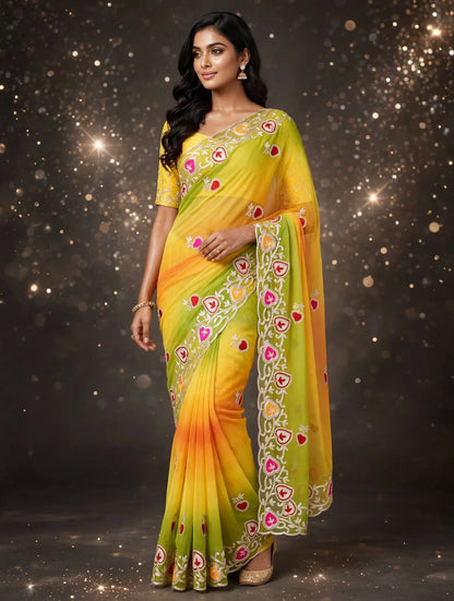 PCD New Georgette Multi Colour Pitta Work Saree SRT