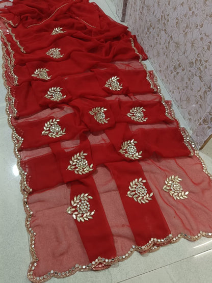PCD Rajwadi Style Royal Georgette Kutdana Work Sarees Vj