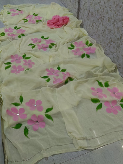 PCD New Luxury Soft Chiffon Saree with Royal Handmade Brush Print ketdana Work Saree Vj