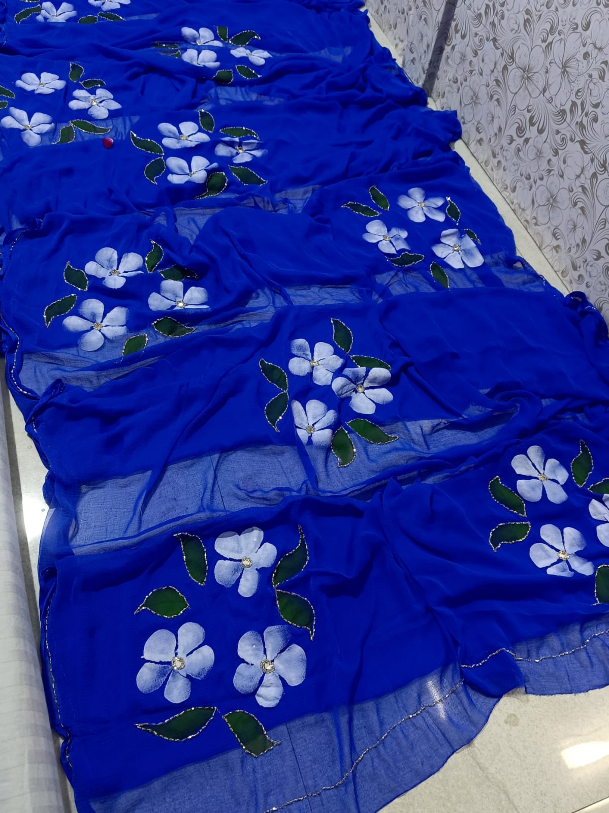 PCD New Luxury Soft Chiffon Saree with Royal Handmade Brush Print ketdana Work Saree Vj