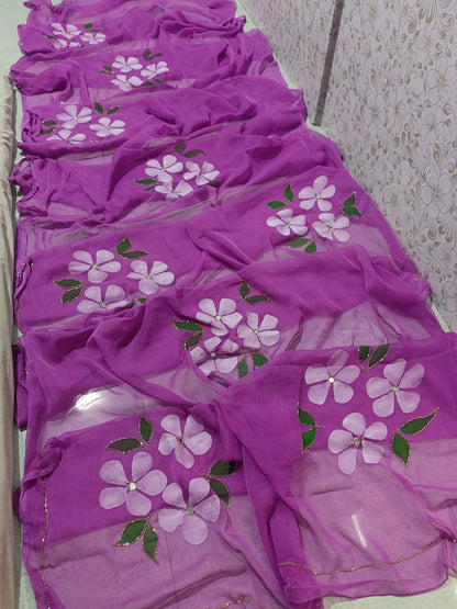 PCD New Luxury Soft Chiffon Saree with Royal Handmade Brush Print ketdana Work Saree Vj