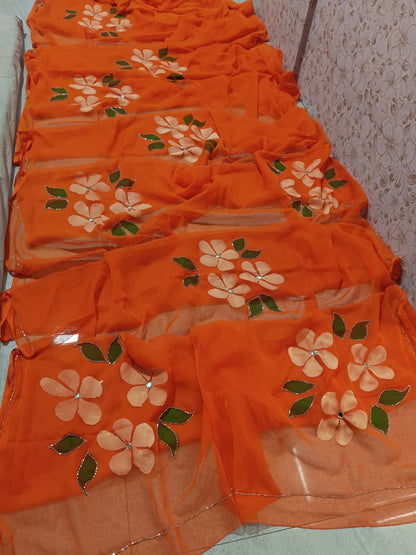 PCD New Luxury Soft Chiffon Saree with Royal Handmade Brush Print ketdana Work Saree Vj