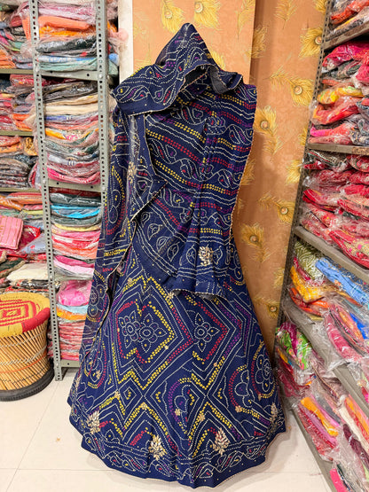 PCD Pure Georgette Bandhani Stone Work Lehenga BLUE