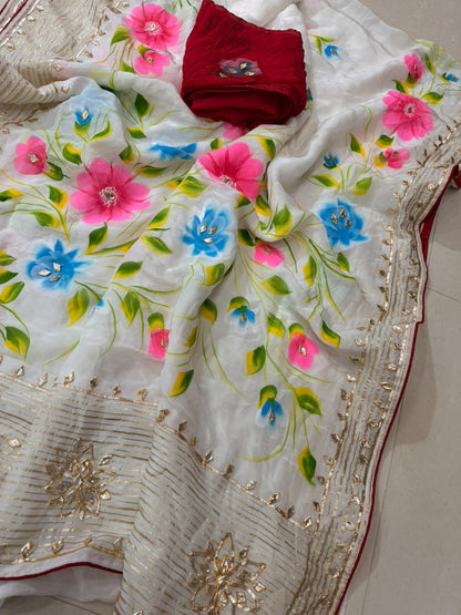 PCD Premium Floral Handbrush Print Pure H.O. Silk Saree For Festive Celebrations