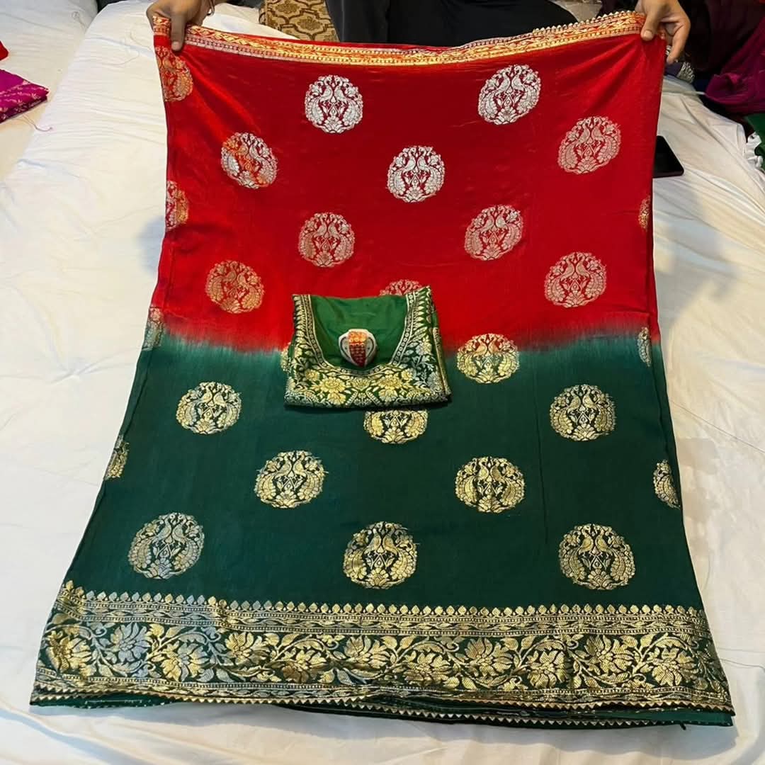 PCD Special Pure Georgette Jaipuri Tie Dye Zari Weaving Saree