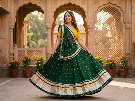 PCD Pure Chinon Beautiful Jaipuri Bandhej Gota Lehenga