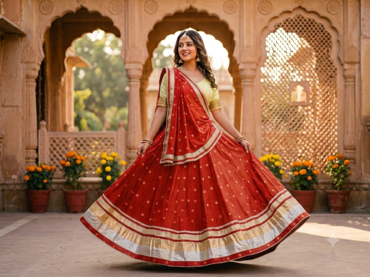 PCD Pure Chinon Beautiful Jaipuri Bandhej Gota Lehenga