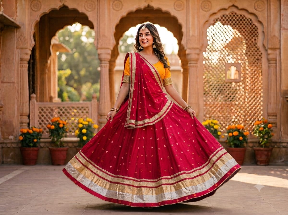 PCD Pure Chinon Beautiful Jaipuri Bandhej Gota Lehenga