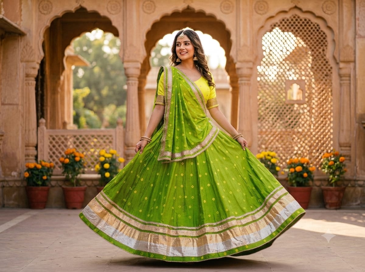 PCD Pure Chinon Beautiful Jaipuri Bandhej Gota Lehenga