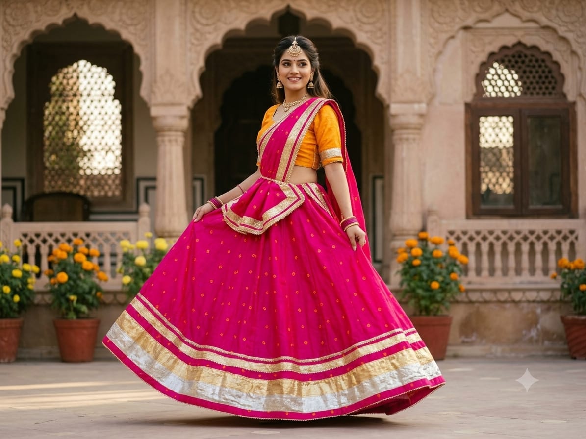 PCD Pure Chinon Beautiful Jaipuri Bandhej Gota Lehenga