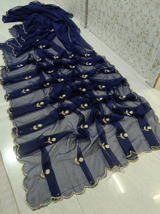 PCD New Designer Georgette Saree with Classic Moti Hand work by pcd