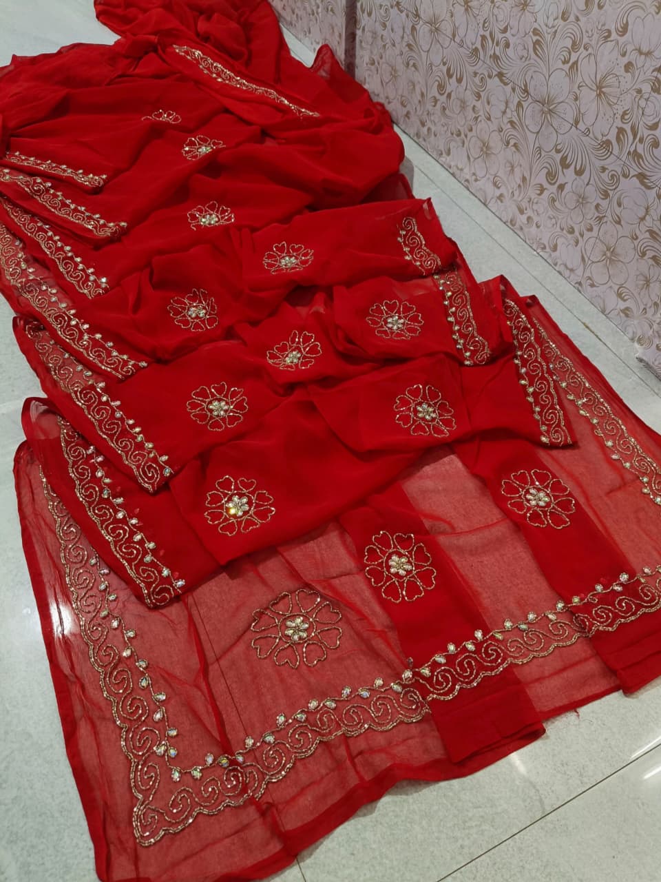 PCD KARWACHOUT SAREE Rajwadi Style Royal Ciffone Kutdana Work Sarees