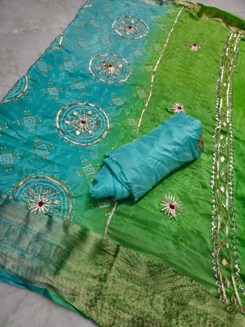 H.O. silk print gota work , chitpallu